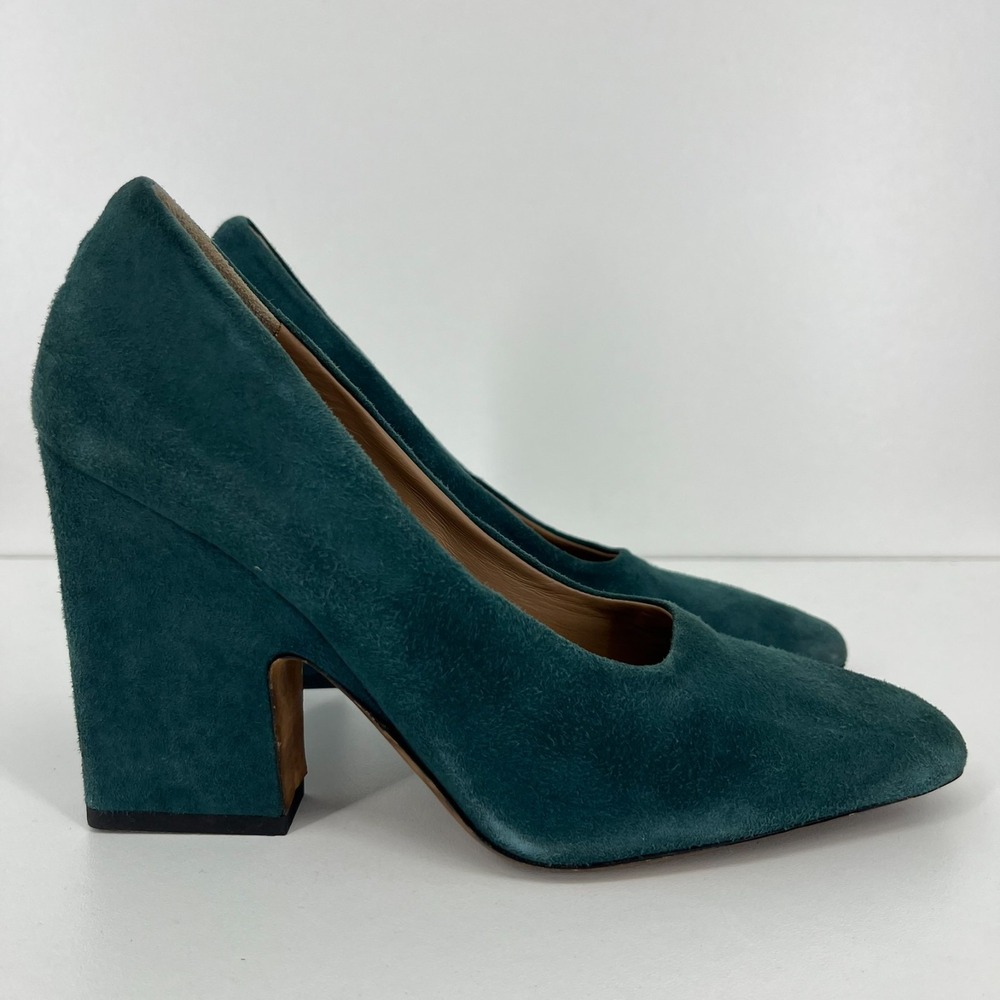 Vince Teal Green Suede Block Heel Pumps
